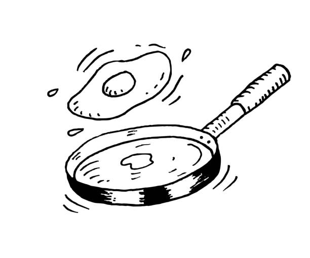 stockillustraties, clipart, cartoons en iconen met fried egg and a pan hand drawn vector illustration - gebakken ei