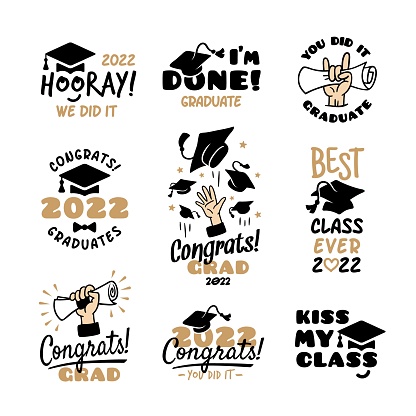 School graduation labels. Congrats 2022 academic symbols, congratulations graduated school, college, university. Retro typography education tidy vector badges. Illustration of college education