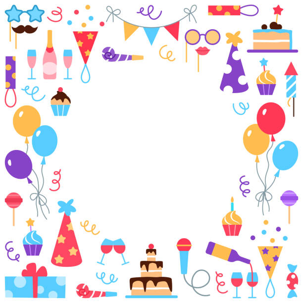 イベントサービスの正方形のフレームとテキスト用の円のスペース。白い背景に風船、ケーキ、マフィンとコンセプト。フラットホリデー管理デザイン。誕生日パーティーお祝いビジネスベ� - cake white birthday backgrounds点のイラスト素材／クリップアート素材／マンガ素材／アイコン素材