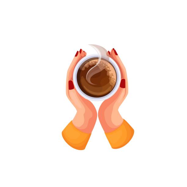 istock Hand holding coffee cup, woman drinking morning hot beverage with aroma steam, top view 1411039335