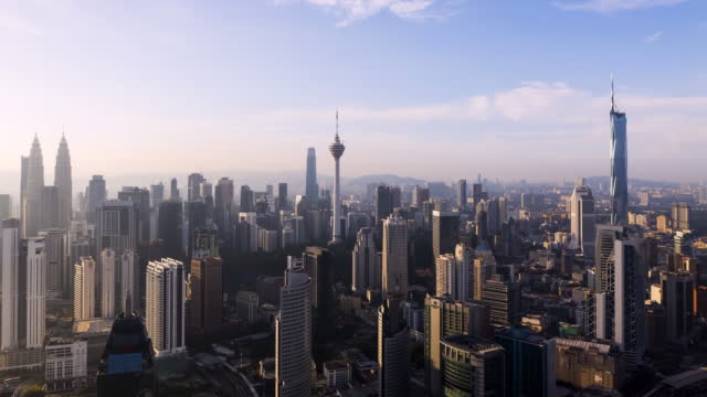 Drone timelapse of Kuala Lumpur city skyline in Malaysia