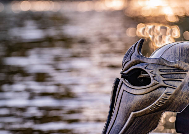 Metaphorical installation on a mountain river with a gladiatorial helmet