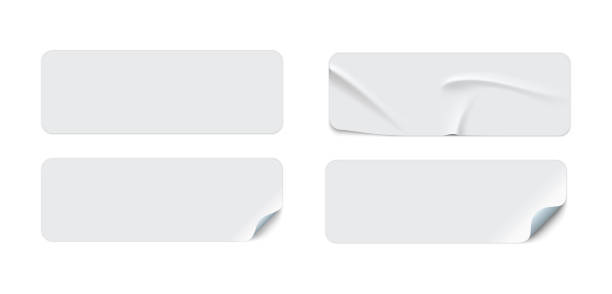 Set of stickers 2 Blank adhesive stickers mock up with curved corner. Mockup empty rectangle sticky label. crumpled white paper texture stock illustrations