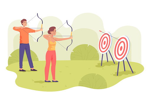 Male and female archers with bows and arrows aiming at targets. Archery practice or training for man and woman, players practicing shots flat vector illustration. Archery, sports, competition concept