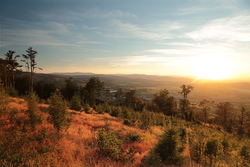 View from the Mount Biskupia Kopa at sunset. Sudetes (Sudeten Mountains) in Central Europe, Poland.