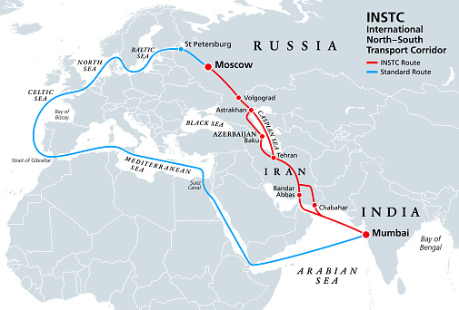 INSTC, International North–South Transport Corridor, political map. Network for moving freight, with Moscow as north end and Mumbai as south end, replacing the standard route across Mediterranean Sea.