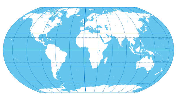 ilustrações de stock, clip art, desenhos animados e ícones de the world, important circles of latitudes and longitudes, political map - equator