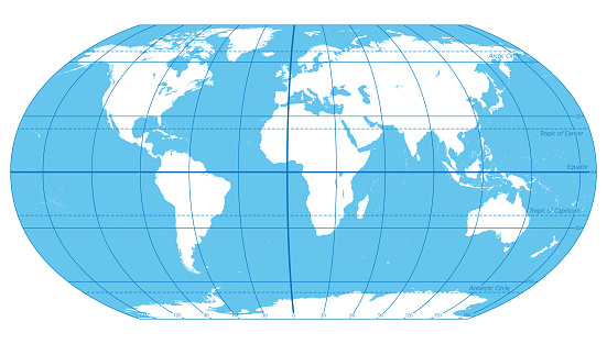The World, important circles of latitudes and longitudes, blue colored political map. Equator, Greenwich meridian, Arctic and Antarctic Circle, Tropic of Cancer and Capricorn. Illustration. Vector.