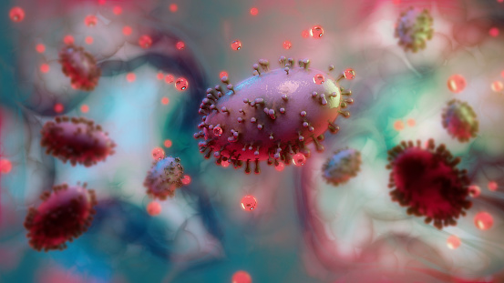 Monkeypox, smallpox. Virus seen under the microscope. Public Health Emergency of International Concern. Spread of the virus. 3d rendering