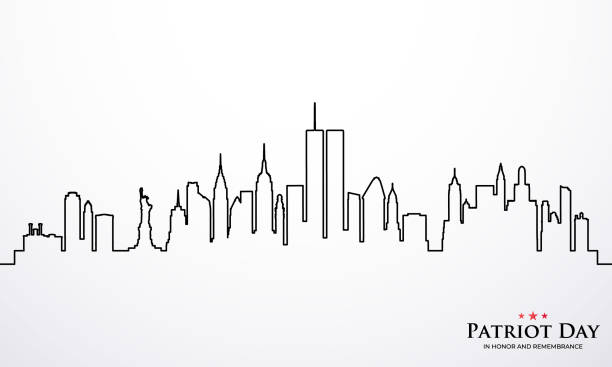 new york city skyline one line stil. banner zum patriot day. nyc vor dem 11. september 2001. stock-vektor-illustration. - twin towers manhattan stock-grafiken, -clipart, -cartoons und -symbole