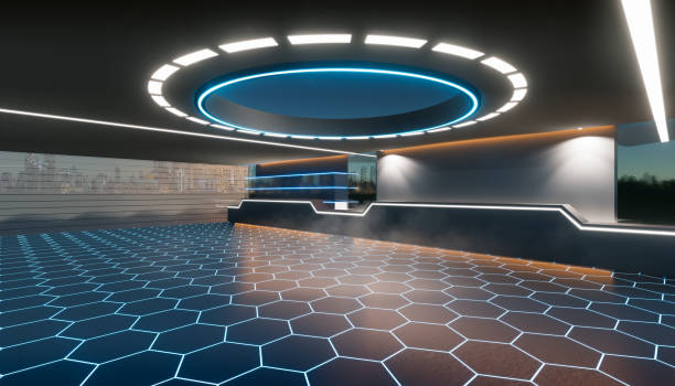 istock 3d rendering of empty space inside futuristic showroom, spaceship, hall or studio for background. 1411048866
