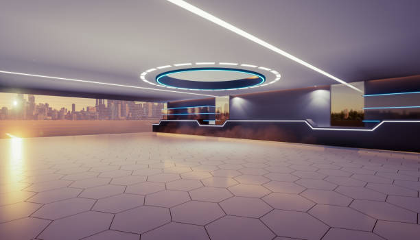 istock 3d rendering of empty space inside futuristic showroom, spaceship, hall or studio in perspective view. 1411048883