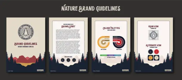 Vector illustration of Brand Identity Template for Nature Camping and Hiking Summer Camp Branding Guidelines or Business Strategy and Direction Slideshow Presentation Deck with Outdoor Forest and Mountains