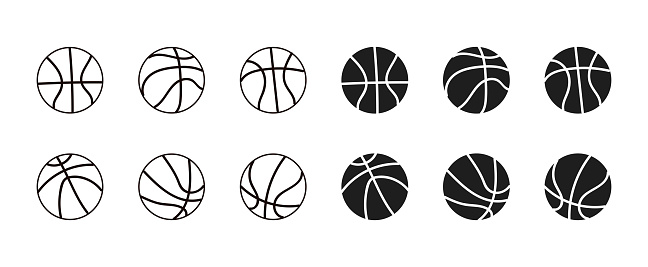 Vector flat line outline stroke basketball ball minimalistic sphere icon illustration set collection,Flat Design,Design Element