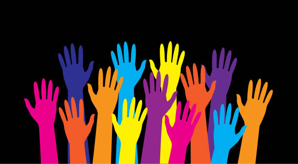 Colorful hands raised up on a black background. Design for banner, postcard, background. Vector illustration Colorful hands raised up on a black background. Design for banner, postcard, background. Vector illustration hand raised orange blue colors stock illustrations