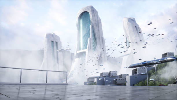 istock Futuristic city. flying car traffic. megapolice. Future concept. 3d rendering. 1411050821