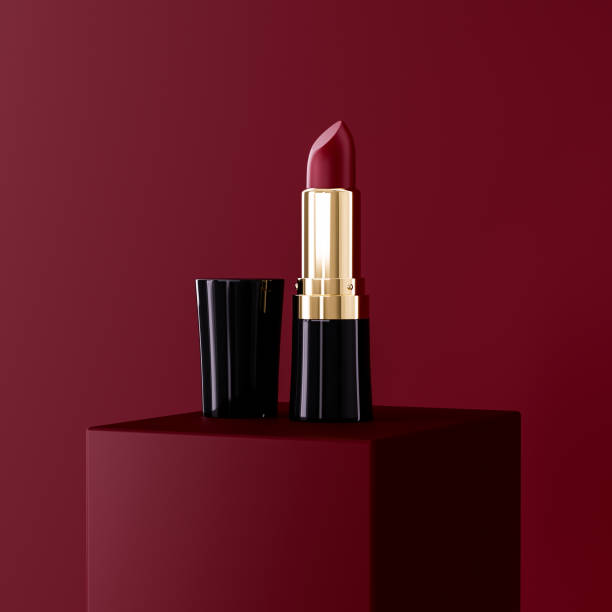 Premium Deep Red lipstick product on square stage. Isolated on red background. Lipstick 3d illustration