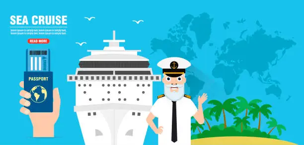 Vector illustration of Sea cruise travel flat design banner with a cruise ship and captain