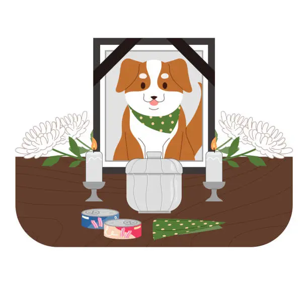 Vector illustration of Funeral scene of a dead dog. Items that the dog loved while he was alive, the dog's ashes box, and chrysanthemums are placed there.