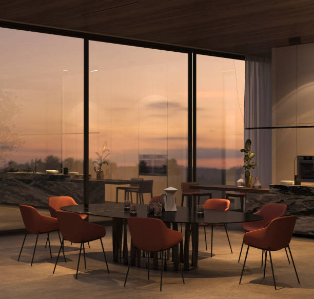 istock Elegant kitchen and dining room with bright night sky, stone floor, wooden ceiling. 3d render illustration interior apartment. 1411054514