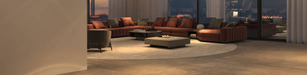 istock Modern luxury interior with panoramic windows and night sky. Mock up beige wall. Minimal design living room 3d rendering illustration. Web banner. 1411054521