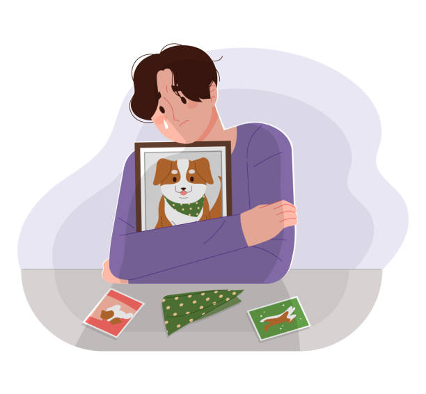 ilustrações, clipart, desenhos animados e ícones de um homem que sente falta de seu cachorro morto. - pets loss dog frame