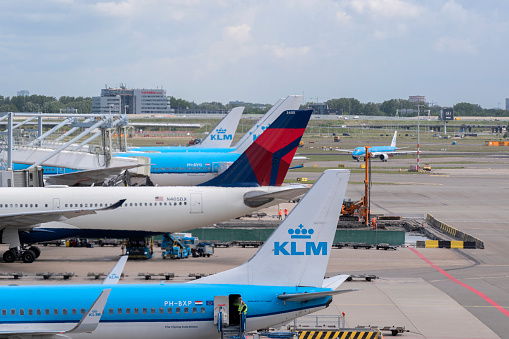 Different Planes On A Line At Schiphol Airport The Netherlands 26-5-2022