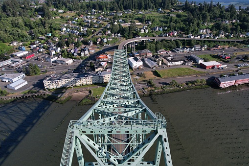 Looking at Astoria Oregon from the highest point of the bridge