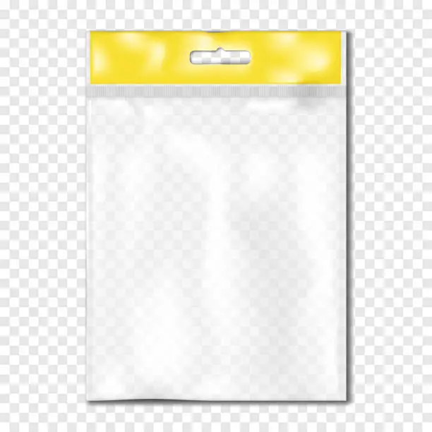 Vector illustration of Clear plastic pouch with euro slot hanger on transparent background vector mock-up. Blank empty flat sachet packet realistic mockup. Template for packaging design