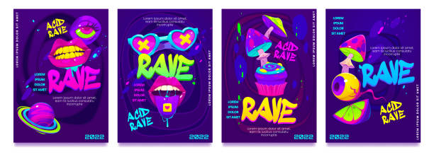 illustrazioni stock, clip art, cartoni animati e icone di tendenza di set di modelli di banner per feste rave trip psichedeliche - alternative medecine