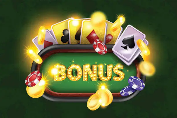 Vector illustration of 3D online casino welcome bonus background, vector reward game poster green poker table, playing card. Gambling extra loyalty offer, flying chips, winner competition banner. Casino bonus backdrop