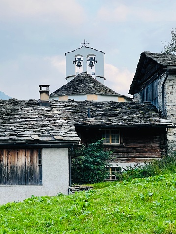 Chapel bell tower in a small mountain village, Vals-Lais, Graubunden canton