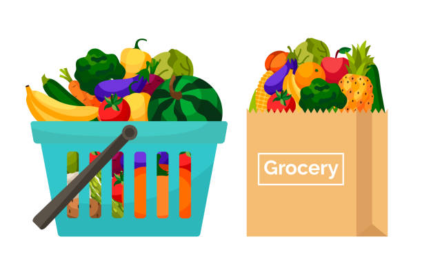 papierowa torba i koszyk sklepowy z warzywami i owocami. - shopping bag orange bag handle stock illustrations