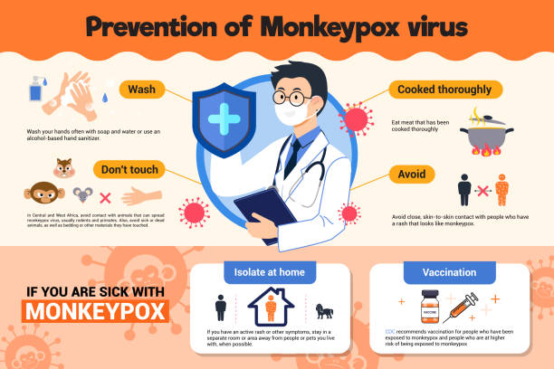 ilustraciones, imágenes clip art, dibujos animados e iconos de stock de prevención del diseño vectorial de póster infográfico del virus monkeypox - infografías médicas
