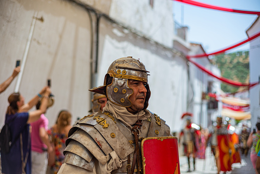 Ancient medieval metal armor helmet, war and champion