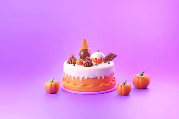 Halloween cake with icing, pumpkins topping, and dark chocolate bar 3d illustration on purple background for advertisement and gift card