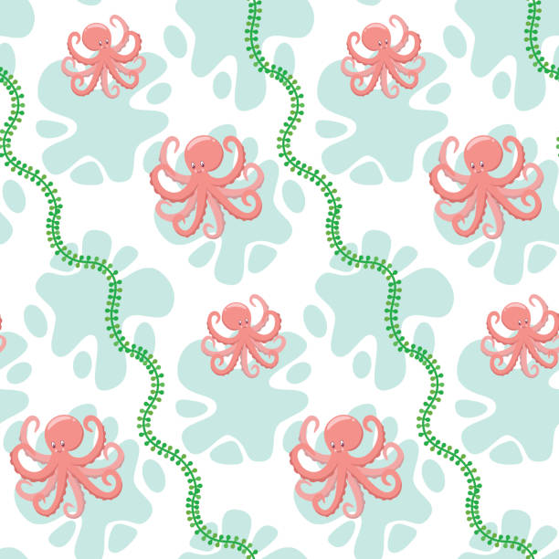 緑色の白いパステルカラーの背景�にピンクのタコがベビー服用のシームレスなパターン - wave pattern pattern green seaweed点のイラスト素材／クリップアート素材／マンガ素材／アイコン素材