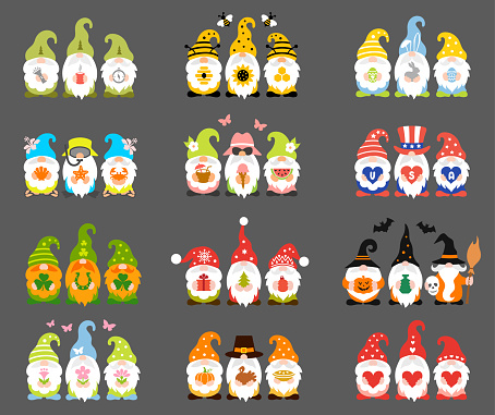 Set of holiday gnomes. Funny designs for all occasions and seasons design. Collection of vector signs, icons and design elements.