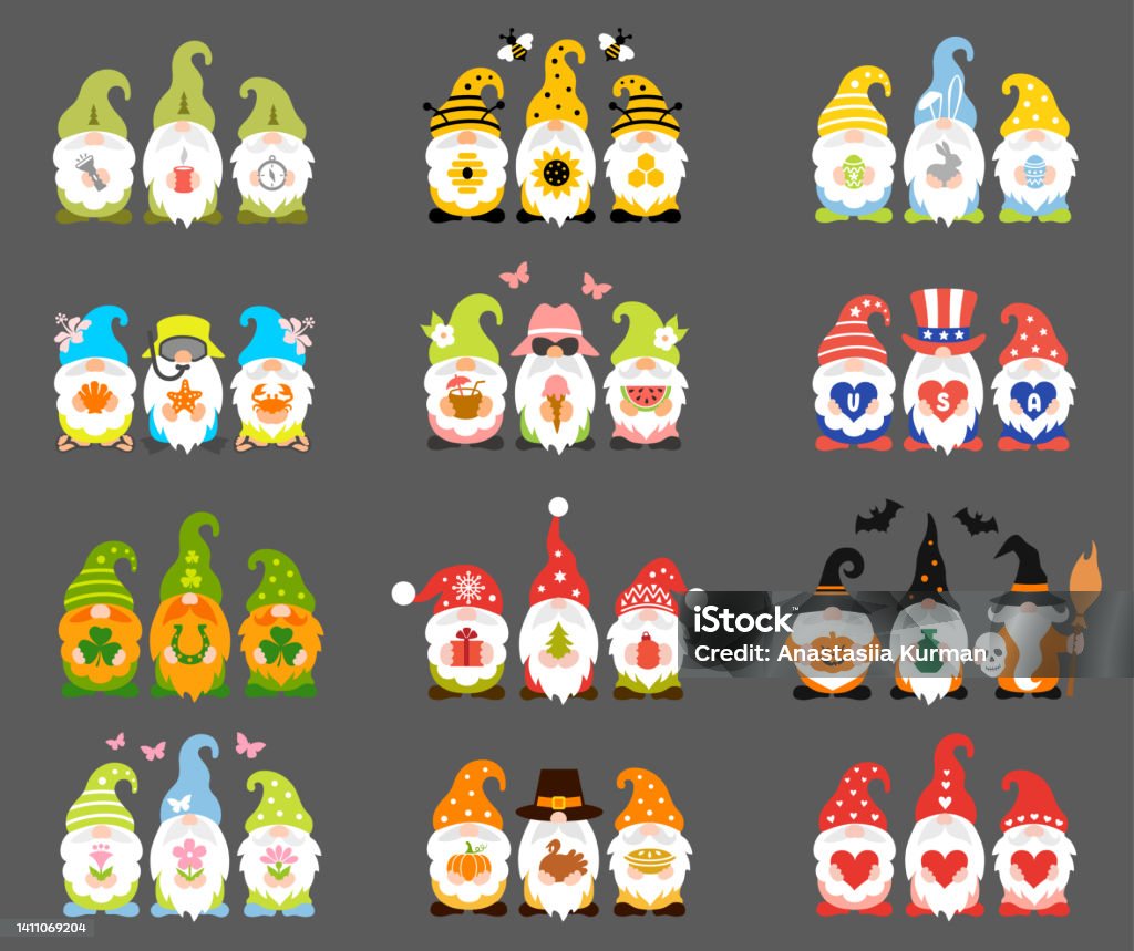 Gnomes for all occasions. Set of holiday signs, cards, icons and symbols. Set of holiday gnomes. Funny designs for all occasions and seasons design. Collection of vector signs, icons and design elements. Gnome stock vector Gnomes for all occasions. Set of holiday signs, cards, icons and symbols. Set of holiday gnomes. Funny designs for all occasions and seasons design. Collection of vector signs, icons and design elements. Gnome stock vector