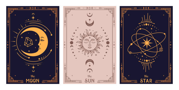 ilustraciones, imágenes clip art, dibujos animados e iconos de stock de sol luna y estrellas tarot cartas. cartel místico celestial. - devoto