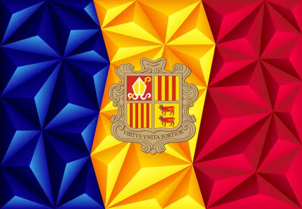Vector illustration of Abstract polygonal background in the form of colorful blue, yellow and red stripes of the Andorran flag. Polygonal flag of Andorra.