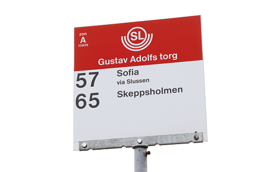 Stockholm, Sweden - November 27, 2021: Close-up view of the Gustav Adolfs Torg bus stop sign.