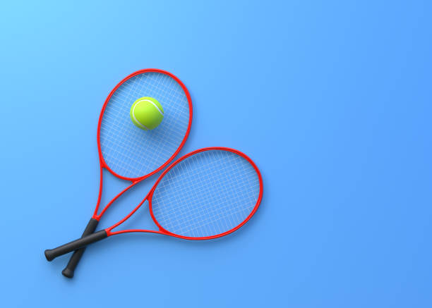tennisschläger mit tennisball auf blauem grund - tennis racket ball isolated stock-fotos und bilder
