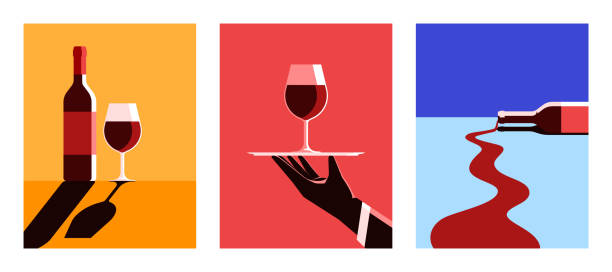 kolekcja minimalistycznych plakatów vintage z butelką, kieliszkiem czerwonego wina. menu restauracji, zaproszenie na wydarzenie, festiwal, impreza. koncepcja degustacji wina - spilling stock illustrations