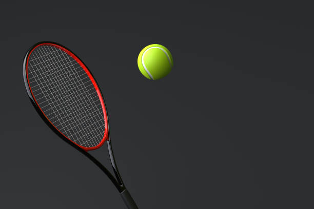raquete de tênis com bola de tênis em um fundo preto - tennis court indoors net - fotografias e filmes do acervo