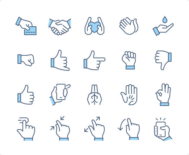 zestaw ikon gestów dłoni. edytowalna grubość obrysu. piksele idealne ikony dichromatyczne. - hand sign obrazy stock illustrations