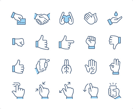 Hand Gestures icons set #28

Specification: 20 icons, 64×64 pх, EDITABLE stroke weight! Current stroke 2 px.

Features: Pixel Perfect, Dichromatic style.

First row of  icons contains:
Credit Card Paying, Handshake, Heart in human hands, Applause, Water drop and Hand;

Second row contains: 
Fist, Call me Gesture, Gun Sign, Fist, Thumbs Down;

Third row contains: 
Thumbs Up, Holding Mobile Phone, Praying, A Helping Hand, OK Sign;    

Fourth row contains: 
Dragging, Zoom In, Zoom Out, Scrolling, Human hand holding Smartphone.

Check out the complete duocolor Prolinico Blue collection — https://www.istockphoto.com/collaboration/boards/_a-Cj-vICEGsbZqV9B7k2w