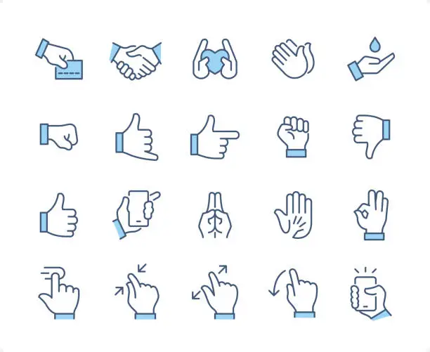 Vector illustration of Hand Gestures icon set. Editable stroke weight. Pixel perfect dichromatic icons.