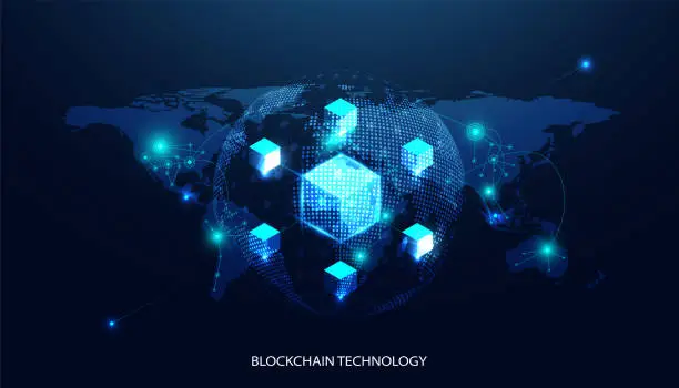 Vector illustration of Abstract world blockchain technology cryptocurrency and fintech square cube crypto operations Connect block, data transmission, new technology system, Vector illustration.