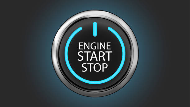 ilustrações de stock, clip art, desenhos animados e ícones de engine start stop button with blue shine on off sign - blue button